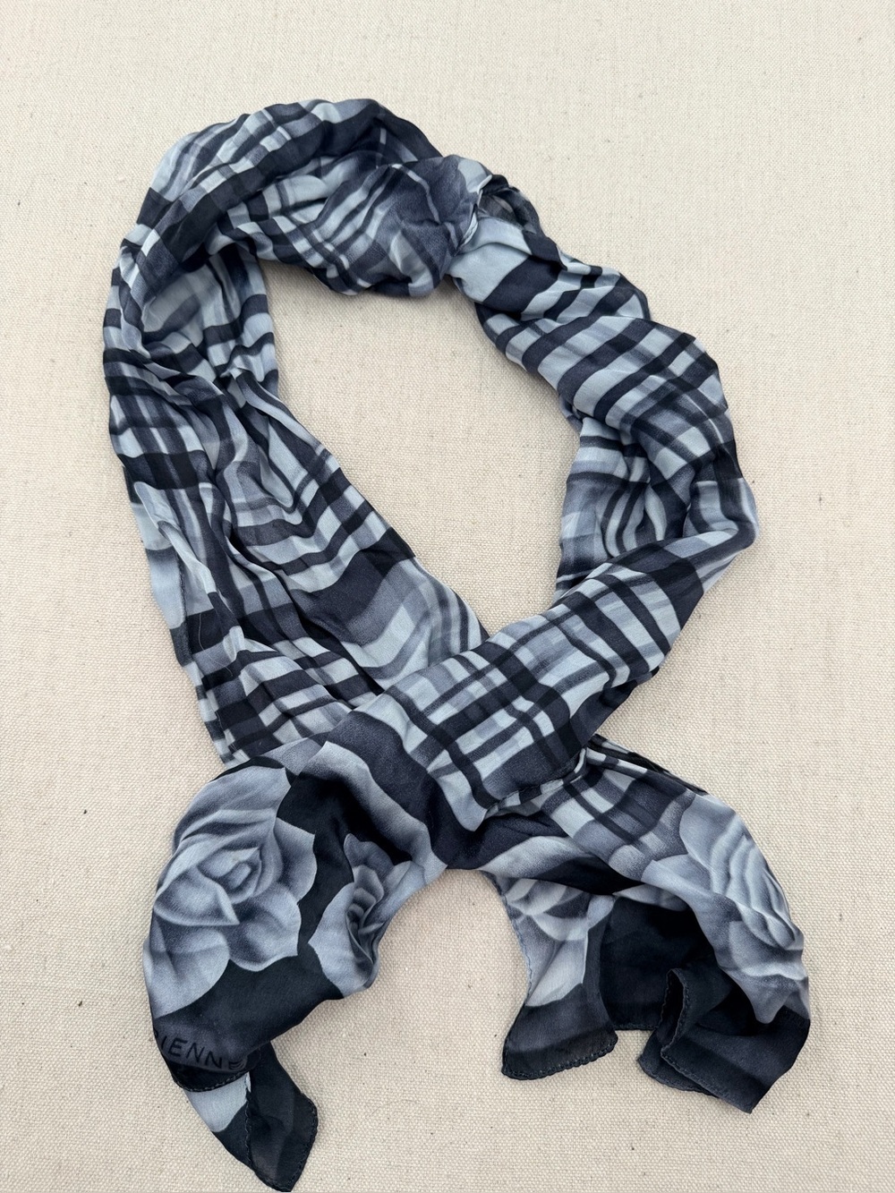 Adrienne Vittadini Black and Gray Floral Silk Scarf Tag Detail
